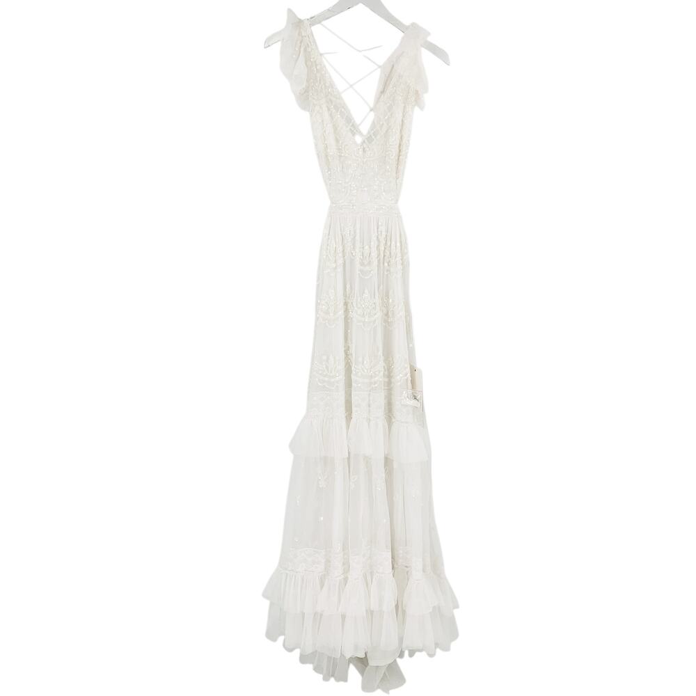 MAC DUGGAL Dress Size 4 Evening Gown White NEW Tiered Ruffle Cap Sleeve Cut Out - Picture 5 of 9